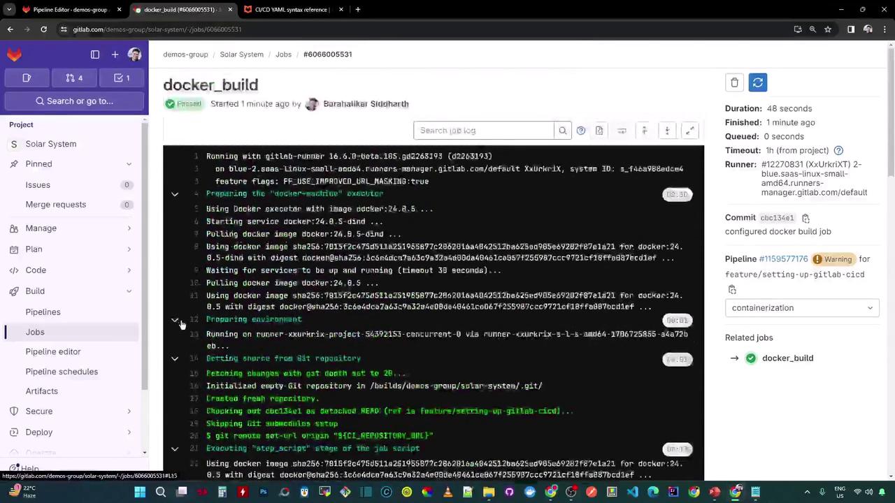 The image shows a GitLab CI/CD pipeline interface with a job log for a Docker build process. The log details various steps of the build, including pulling Docker images and preparing the environment.