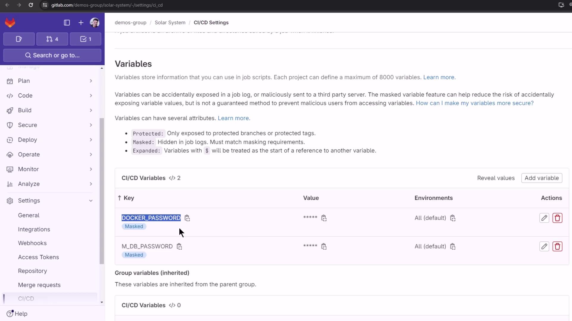 The image shows a GitLab CI/CD settings page displaying variables, including masked keys like "DOCKER_PASSWORD" and "M_DB_PASSWORD." The sidebar contains navigation options for various settings and features.