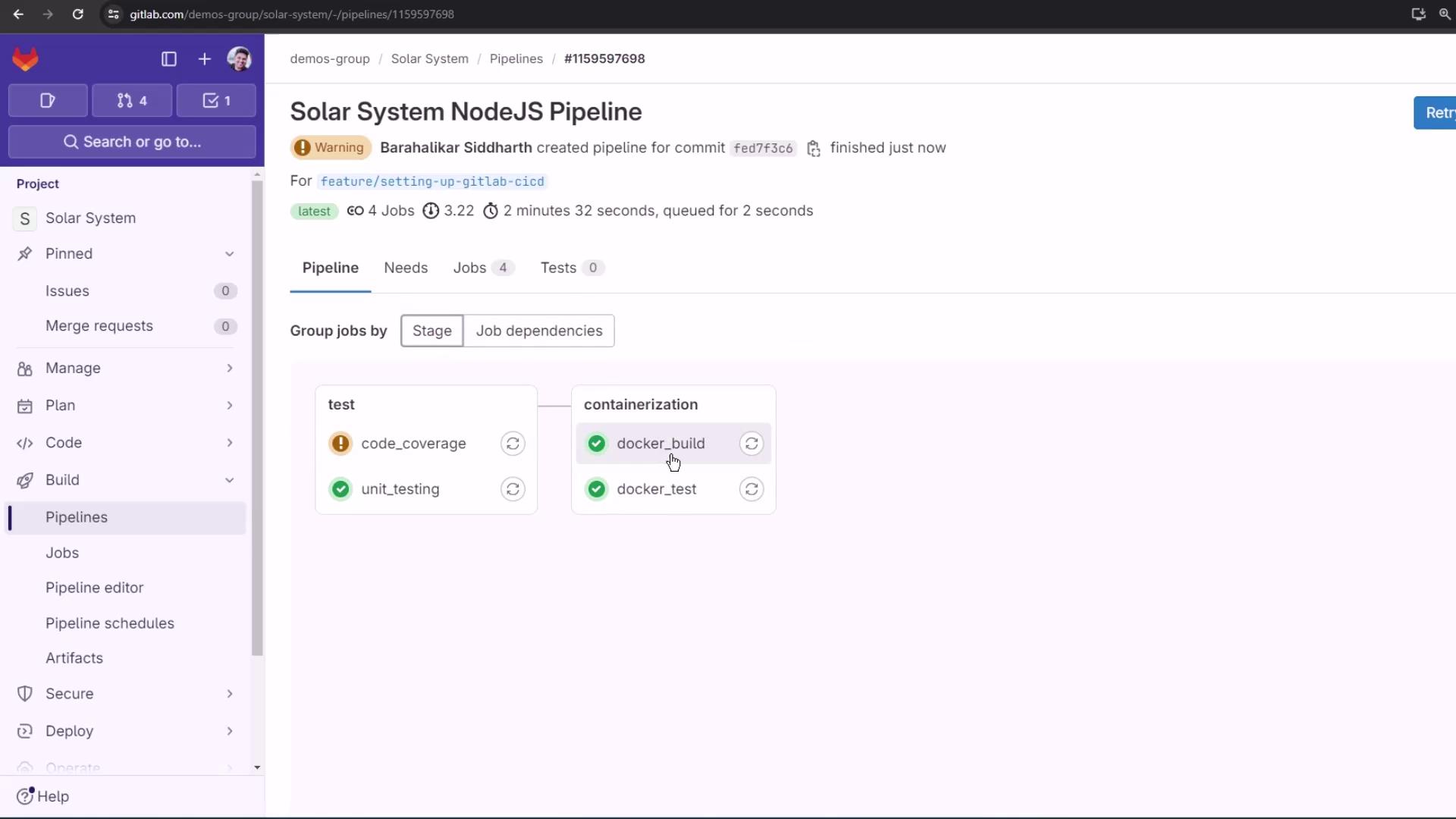 The image shows a GitLab CI/CD pipeline interface for a project named "Solar System NodeJS Pipeline," displaying stages and jobs such as code coverage, unit testing, docker build, and docker test.