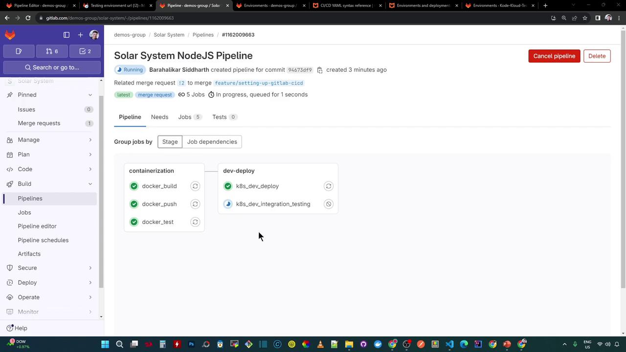 The image shows a GitLab CI/CD pipeline interface for a NodeJS project, displaying stages like containerization and deployment with job statuses.