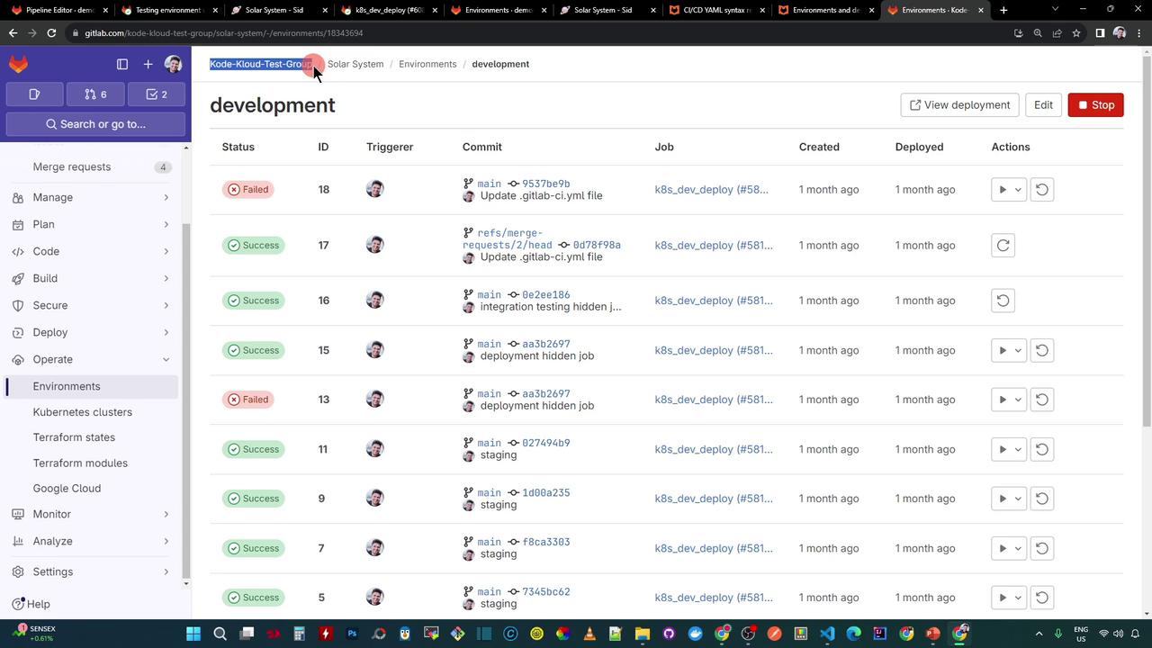 The image shows a GitLab environment page displaying a list of deployment jobs with their statuses, IDs, commit messages, and actions. The sidebar includes options for managing various aspects of the project, such as code, build, and deploy.