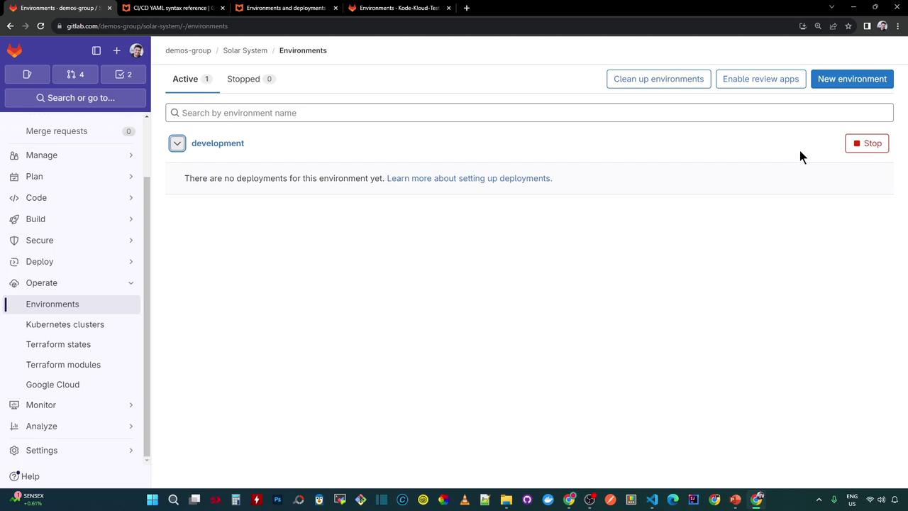 The image shows a GitLab environment page with a "development" environment listed but no deployments yet. The interface includes options for managing environments and related settings.