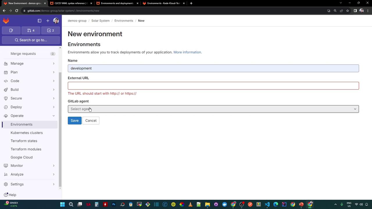 The image shows a GitLab interface for creating a new environment, with fields for the environment name, external URL, and GitLab agent selection. The URL field has a validation message indicating it should start with "http://" or "https://".