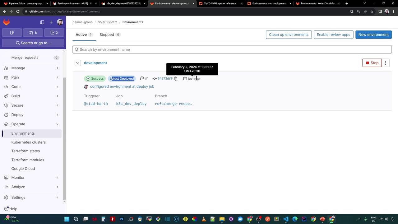 The image shows a GitLab environment page with a successful deployment in the "development" environment. It includes details about the trigger, job, and branch used for deployment.