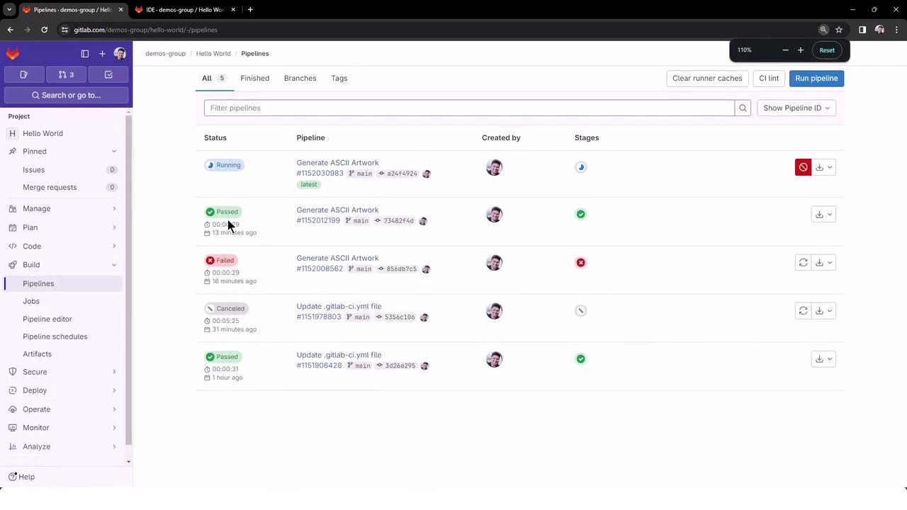 The image shows a GitLab interface displaying a list of CI/CD pipelines with their statuses, such as "Running," "Passed," "Failed," and "Canceled." The sidebar includes navigation options like "Issues," "Merge requests," and "Pipelines."