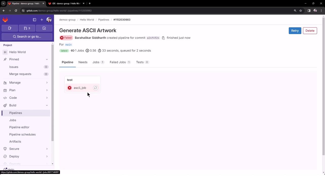 The image shows a GitLab pipeline interface with a failed job named "ascii_job" under the "Generate ASCII Artwork" project. The pipeline was created for a specific commit and has options to retry or delete.