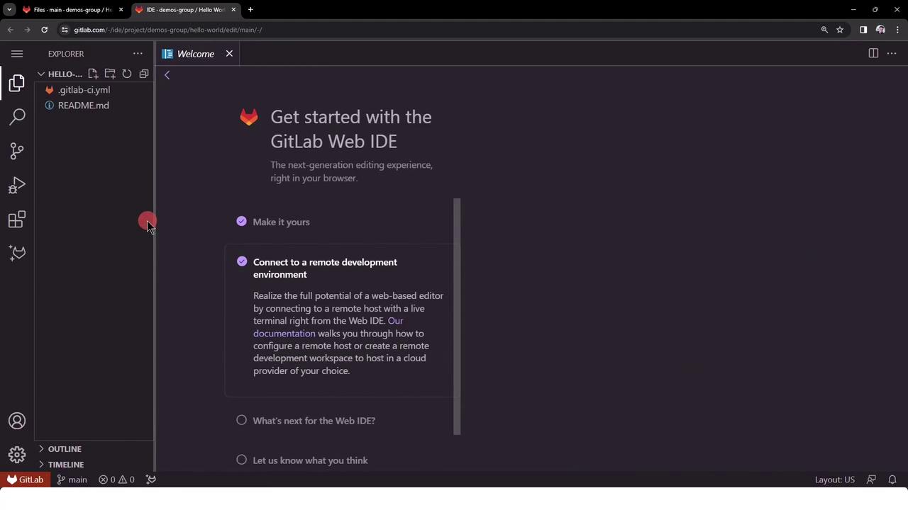 The image shows the GitLab Web IDE interface with a welcome screen and options for connecting to a remote development environment. The left sidebar displays a file explorer with a project structure.