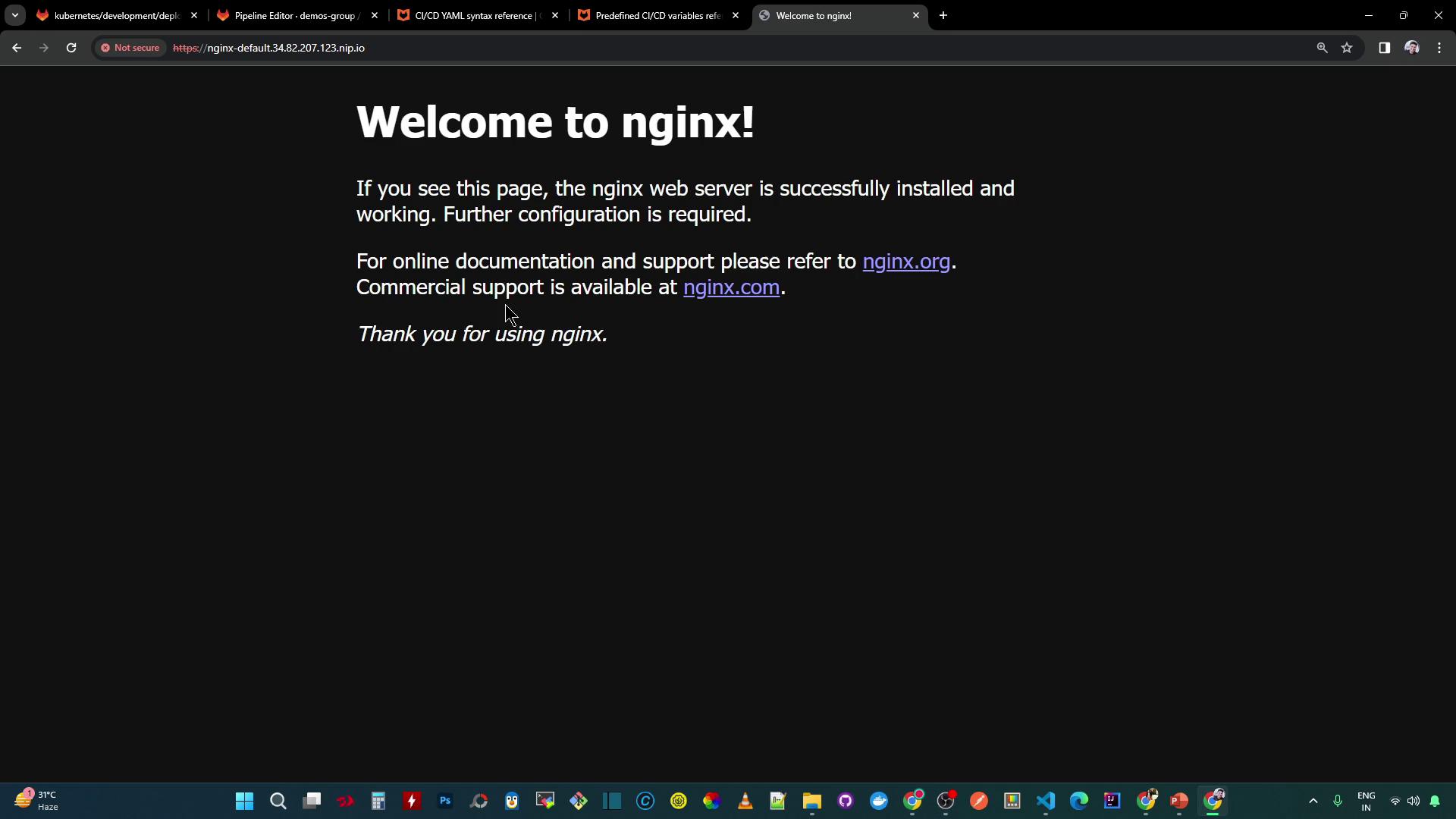 The image shows a browser displaying the default "Welcome to nginx!" page, indicating that the nginx web server is successfully installed and running.