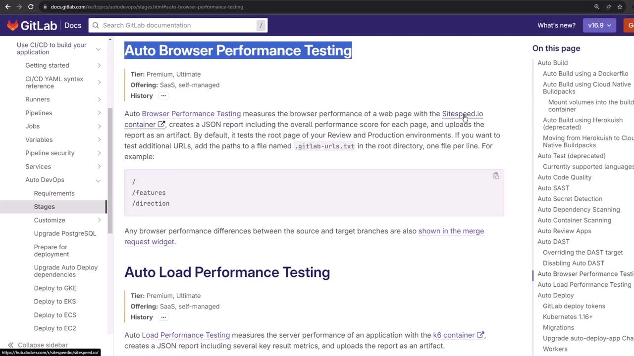 The image shows a GitLab documentation page about "Auto Browser Performance Testing," detailing how it measures browser performance using a specific container and generates a JSON report. The page includes navigation links on the left and a table of contents on the right.