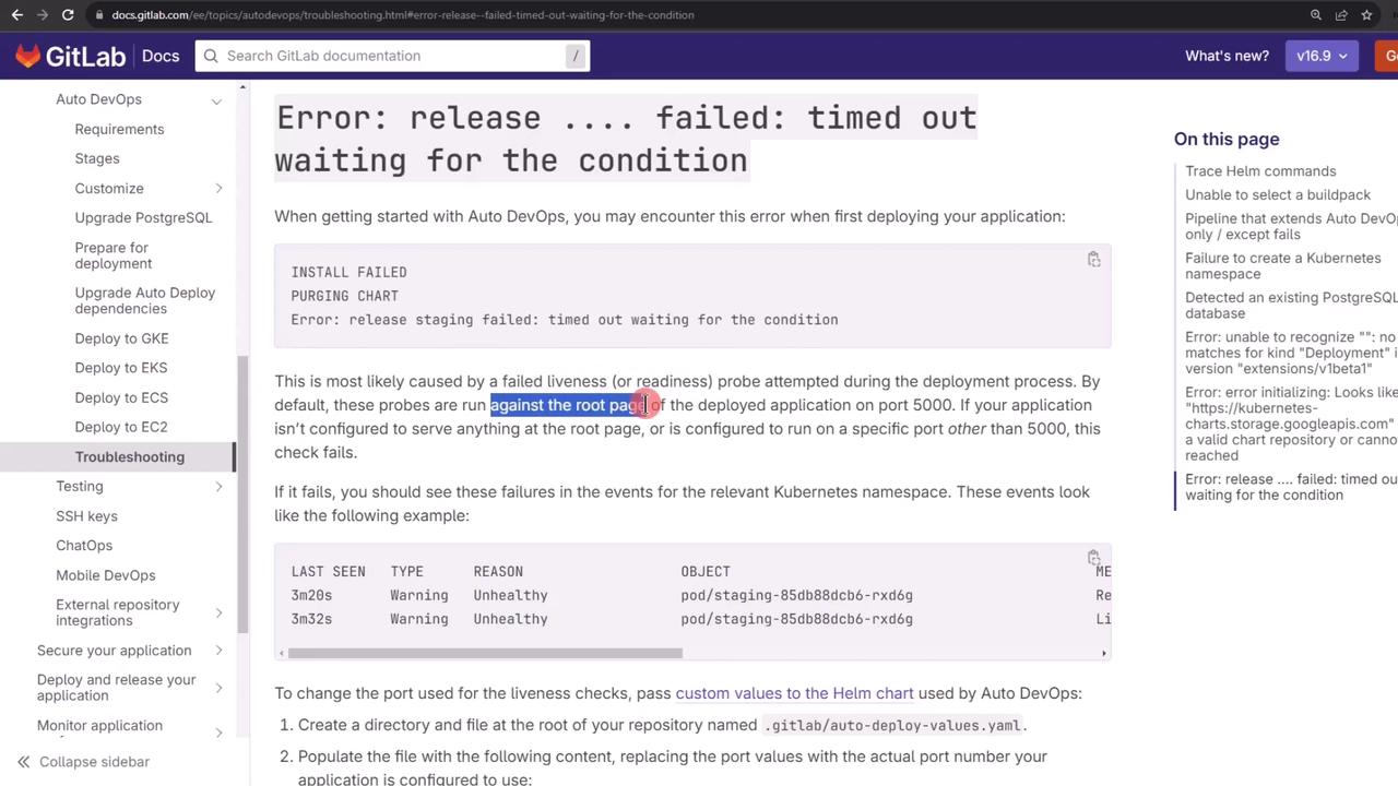 The image shows a GitLab documentation page about troubleshooting an error related to Auto DevOps deployment, specifically a "timed out waiting for the condition" error. It includes explanations and steps to resolve the issue.