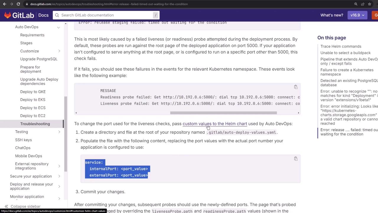 The image shows a GitLab documentation page about troubleshooting Auto DevOps, specifically addressing issues with liveness and readiness probes during deployment. It includes instructions on changing port values in a Helm chart.