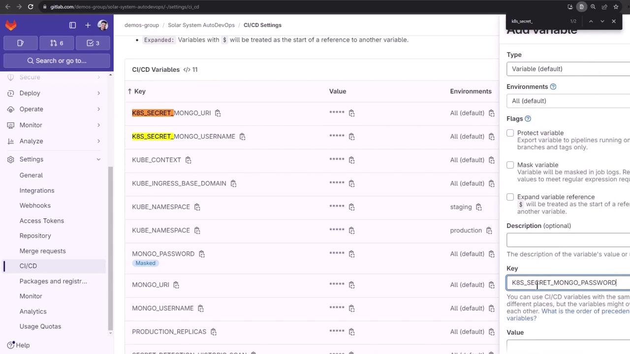 The image shows a GitLab CI/CD settings page with a list of environment variables, including keys like `K8S_SECRET_MONGO_URI` and `K8S_SECRET_MONGO_USERNAME`, with their values masked. On the right, there's a section for adding a new variable with options for type, environments, and flags.