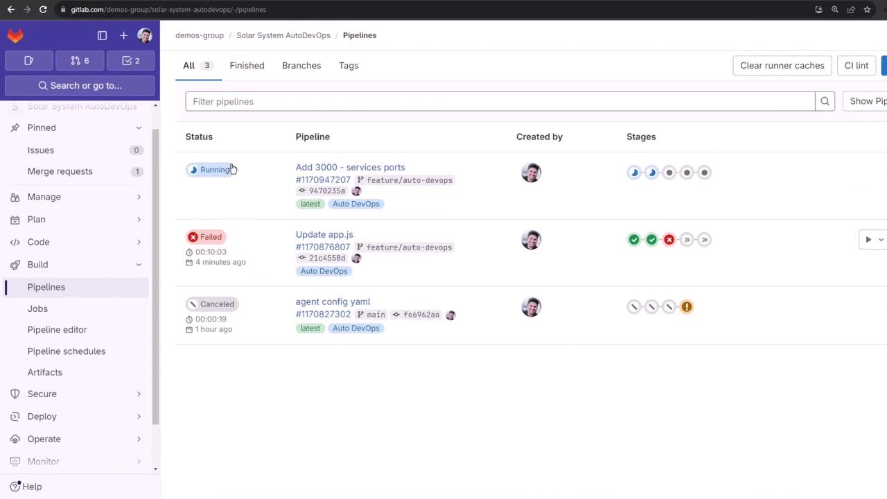 The image shows a GitLab interface displaying a list of CI/CD pipelines with their statuses, such as "Running," "Failed," and "Canceled." The sidebar includes options like "Issues," "Merge requests," and "Pipelines."