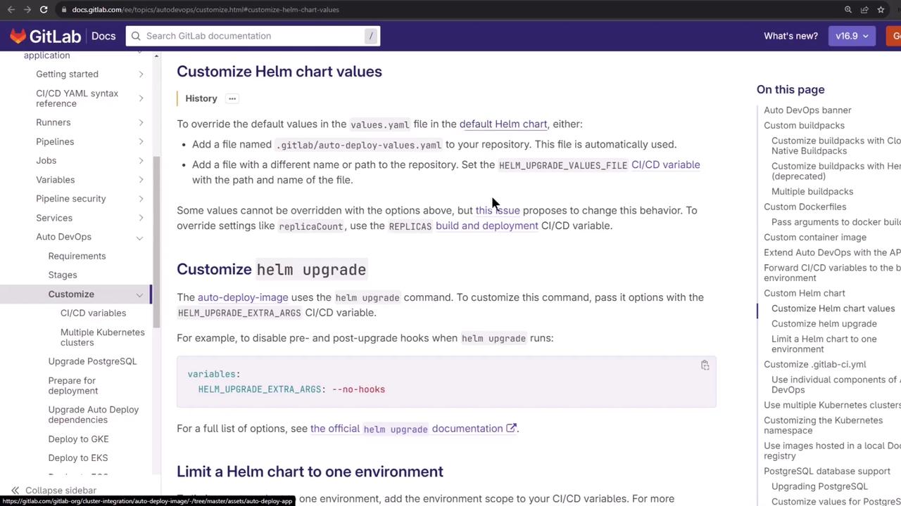 The image shows a GitLab documentation page about customizing Helm chart values, with navigation menus on the left and related topics on the right.