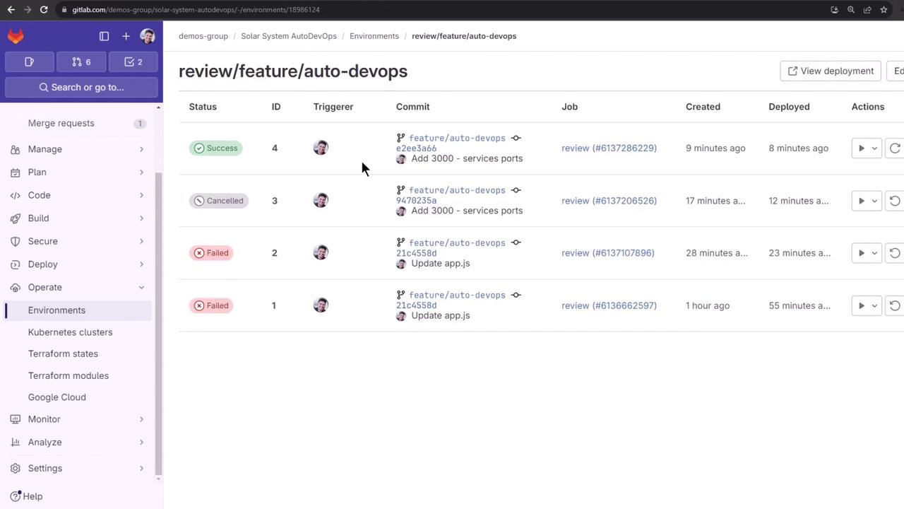 The image shows a GitLab environment page displaying a list of deployment jobs with their statuses, IDs, commit messages, and timestamps. The sidebar includes navigation options like "Merge requests," "Manage," "Plan," and "Environments."