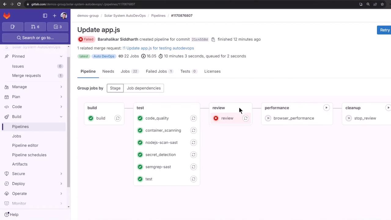 The image shows a GitLab pipeline interface with various stages like build, test, review, performance, and cleanup. The review stage has failed, indicated by a red icon, while other stages have passed or are pending.