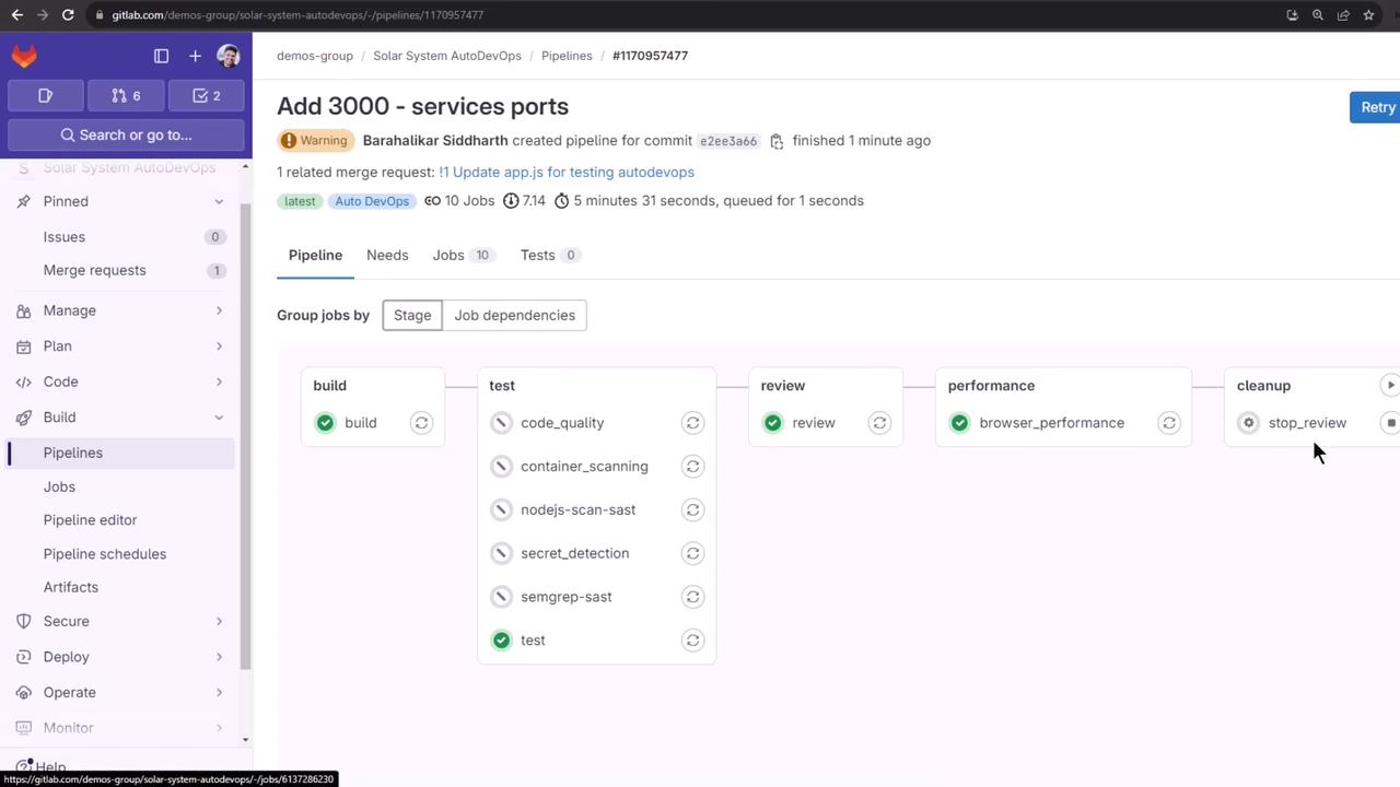 The image shows a GitLab pipeline interface with stages for build, test, review, performance, and cleanup. Each stage contains various jobs, some of which are marked as completed.