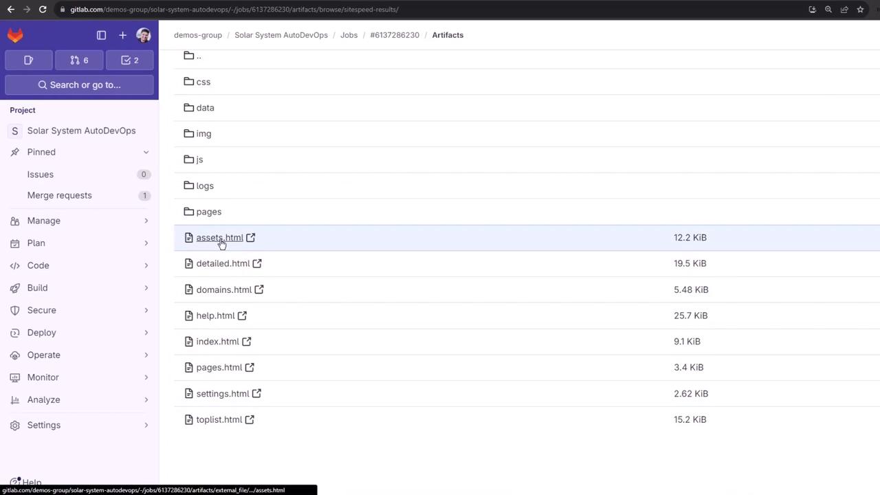 The image shows a GitLab interface displaying a list of files and directories within a project called "Solar System AutoDevOps," including HTML files and folders like "css," "data," and "img."