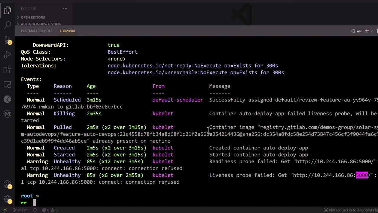 The image shows a terminal window displaying Kubernetes pod events and status messages, including scheduling, container creation, and liveness probe failures.