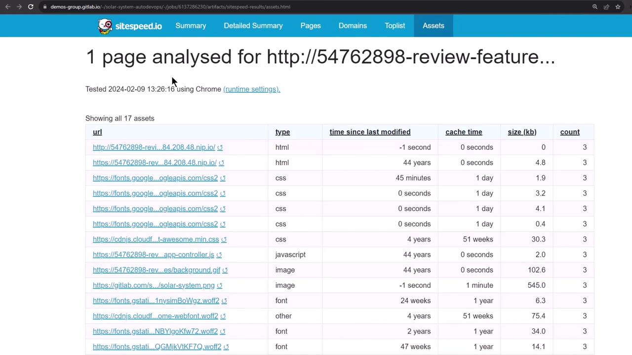 The image shows a webpage analysis report from sitespeed.io, listing various assets with details like type, time since last modified, cache time, size, and count.