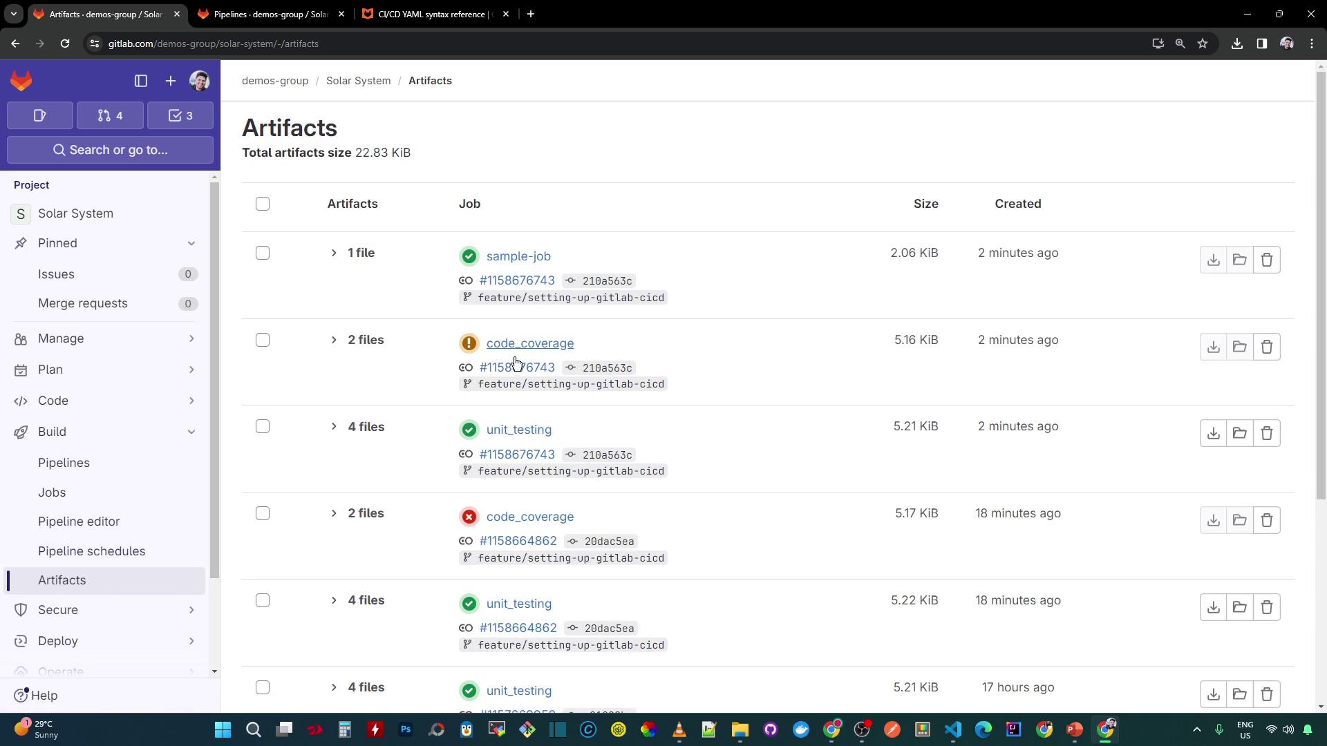 The image shows a GitLab interface displaying a list of artifacts from various jobs, including details like file count, job names, sizes, and creation times. The sidebar includes navigation options for managing projects, pipelines, and artifacts.