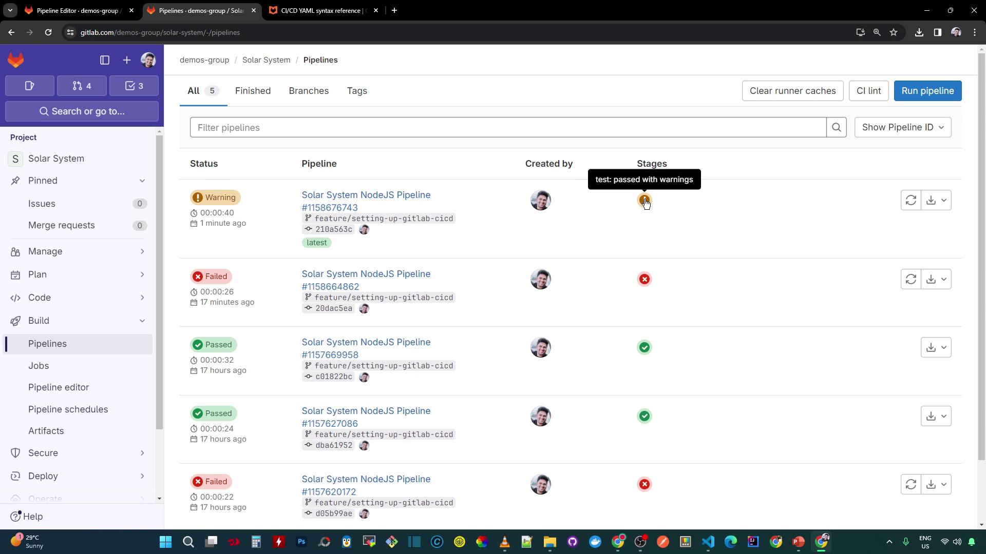 The image shows a GitLab CI/CD pipeline dashboard with various pipeline statuses, including warnings, failures, and passes. It includes details like pipeline IDs, branches, and execution times.