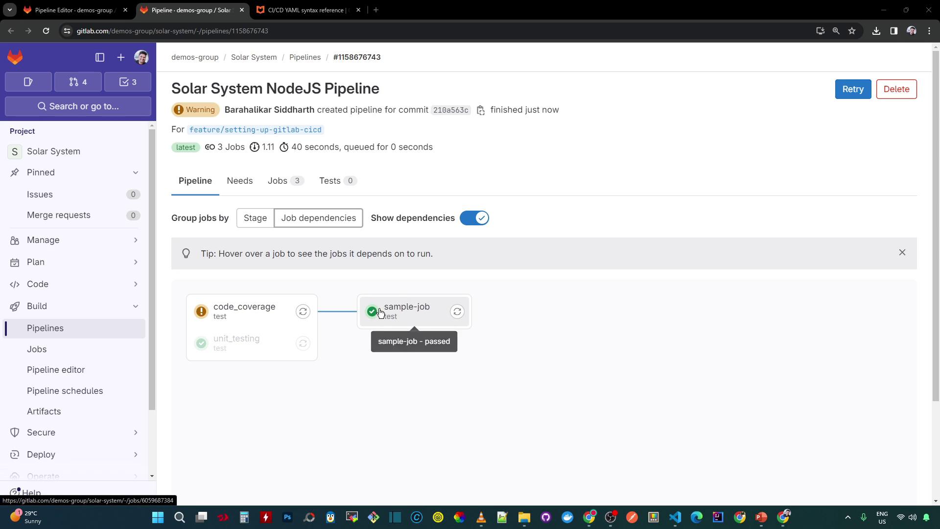 The image shows a GitLab CI/CD pipeline interface for a project named "Solar System NodeJS Pipeline," displaying job dependencies and statuses. The pipeline includes jobs like "code_coverage" and "unit_testing," with "sample-job" marked as passed.