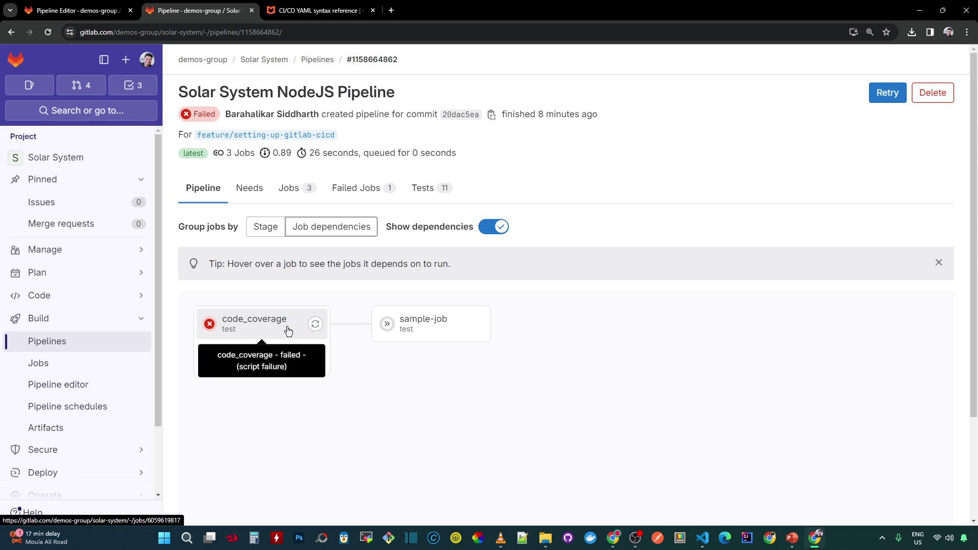 The image shows a GitLab CI/CD pipeline interface for a NodeJS project named "Solar System," indicating a failed pipeline due to a script failure in the "code_coverage" job.