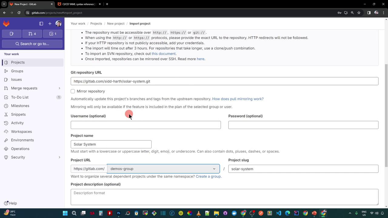 The image shows a GitLab interface for importing a project, with fields for entering a Git repository URL, username, password, project name, and project description.