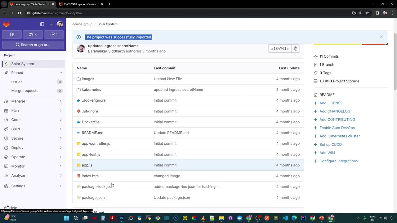 The image shows a GitLab repository interface for a project named "Solar System," displaying a list of files and directories with their last commit messages and update times. The project was successfully imported, and the interface includes options for managing and configuring the project.