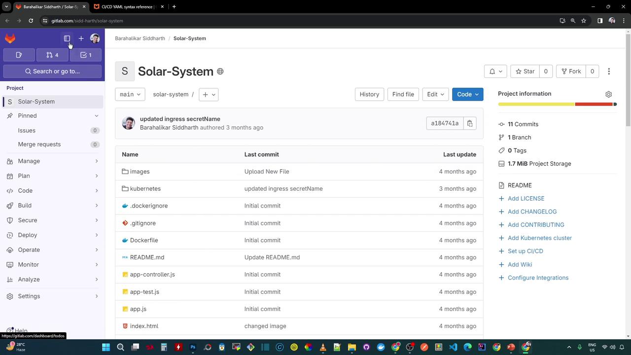 The image shows a GitLab repository page for a project named "Solar-System," displaying files, commit history, and project details. The sidebar includes options for managing, planning, and deploying the project.