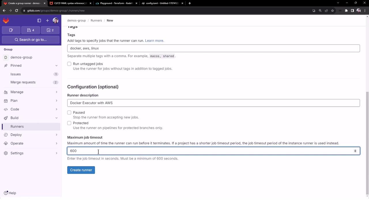 The image shows a GitLab interface for creating a new group runner, with options to add tags, configure settings, and set a maximum job timeout. The "Create runner" button is visible at the bottom.