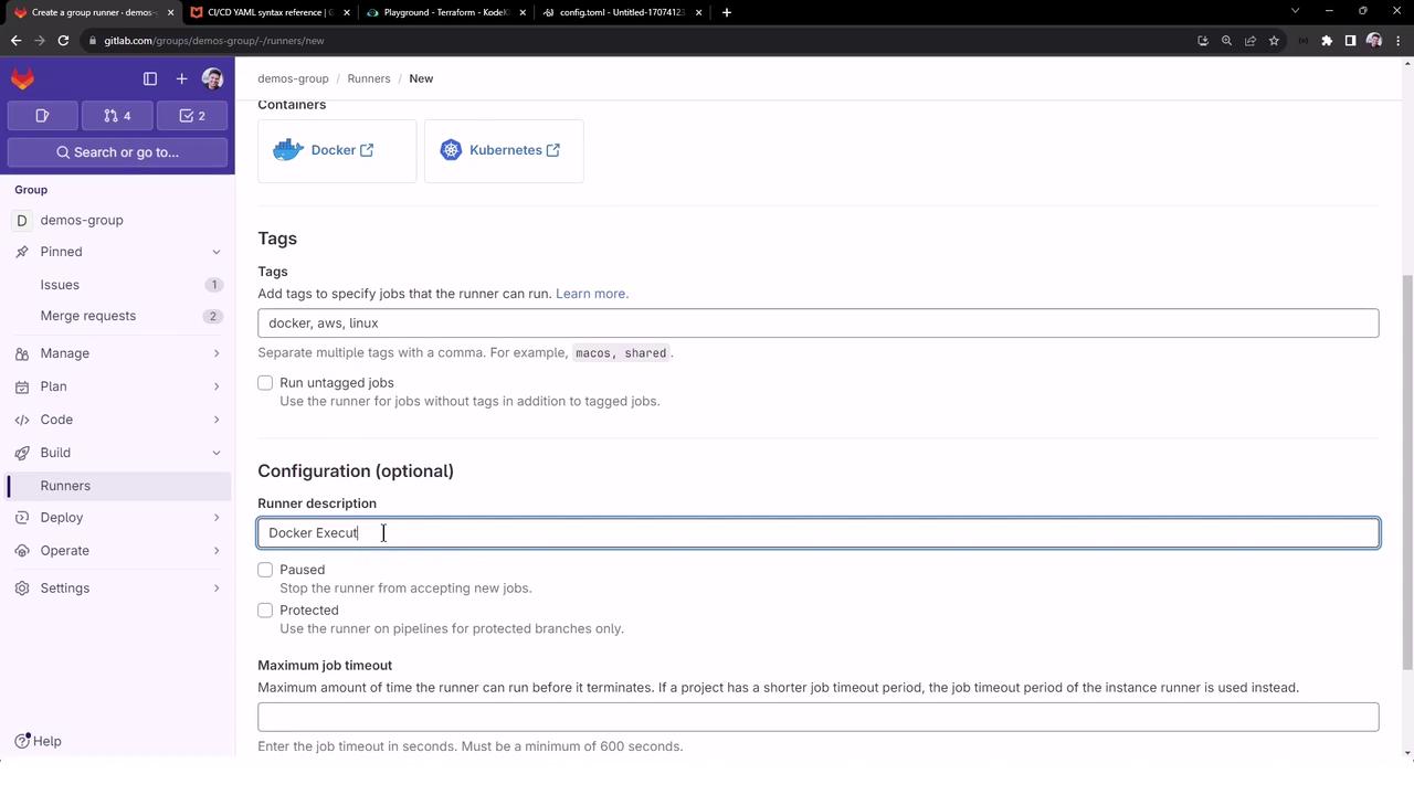 The image shows a GitLab interface for creating a group runner, with options for configuring containers, tags, and runner settings. The "Runner description" field is being filled with "Docker Execu".