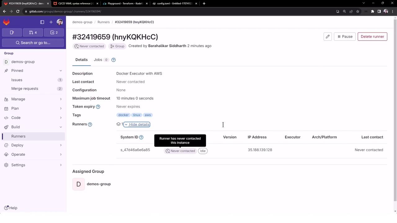 The image shows a GitLab interface displaying details of a runner with a Docker executor configured with AWS. The runner has never contacted the instance and is associated with a group called "demos-group."