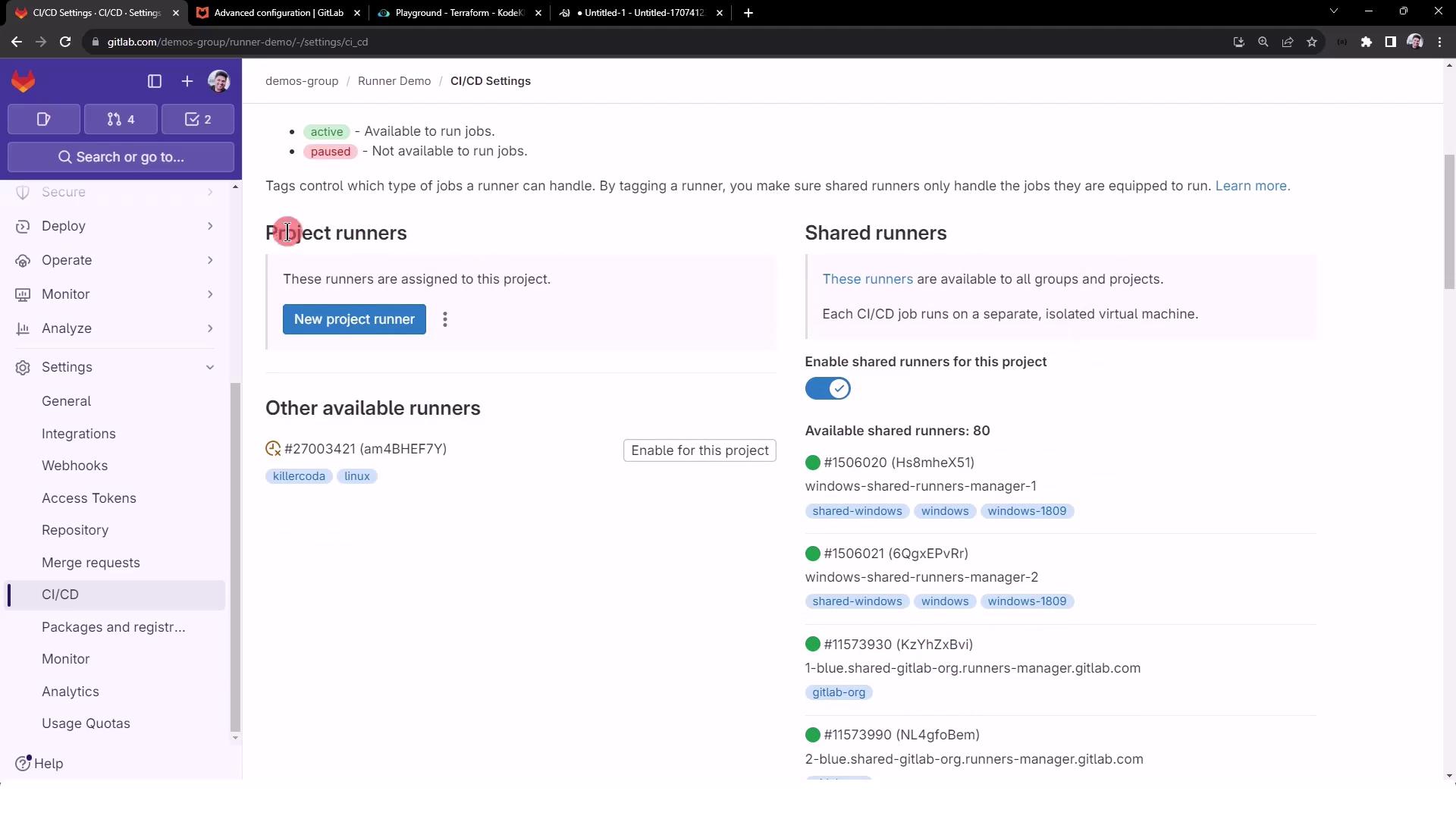 The image shows the CI/CD settings page in GitLab, displaying options for configuring project and shared runners. It includes a list of available runners and settings for enabling shared runners for a project.