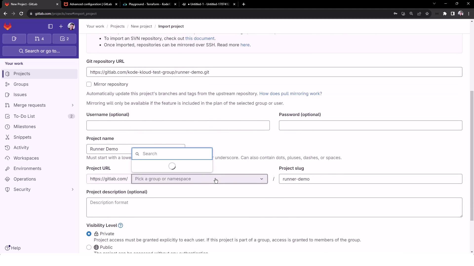 The image shows a GitLab interface for importing a project, with fields for entering a Git repository URL, project name, and other details. The sidebar includes options like Projects, Groups, and Issues.