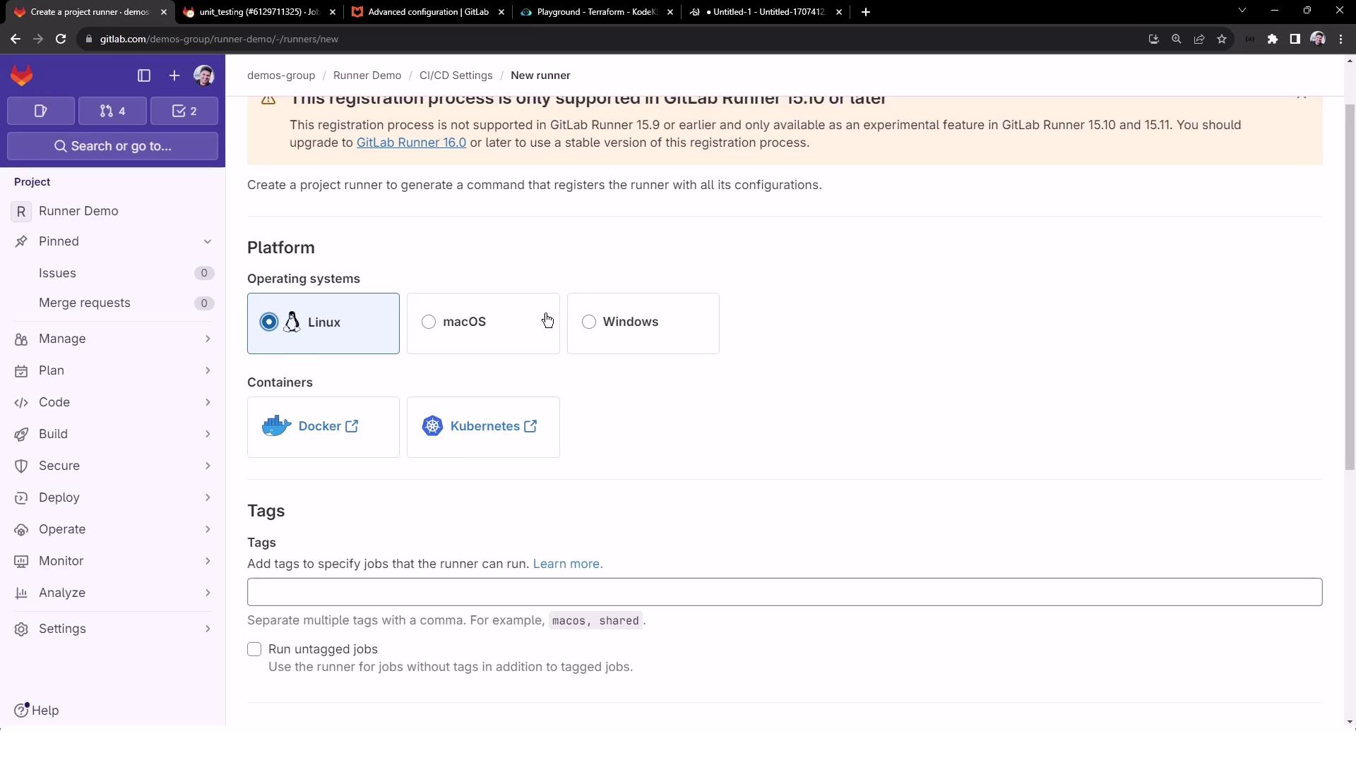 The image shows a GitLab interface for creating a new project runner, with options to select the operating system (Linux, macOS, Windows) and containers (Docker, Kubernetes). There is also a section for adding tags to specify jobs for the runner.