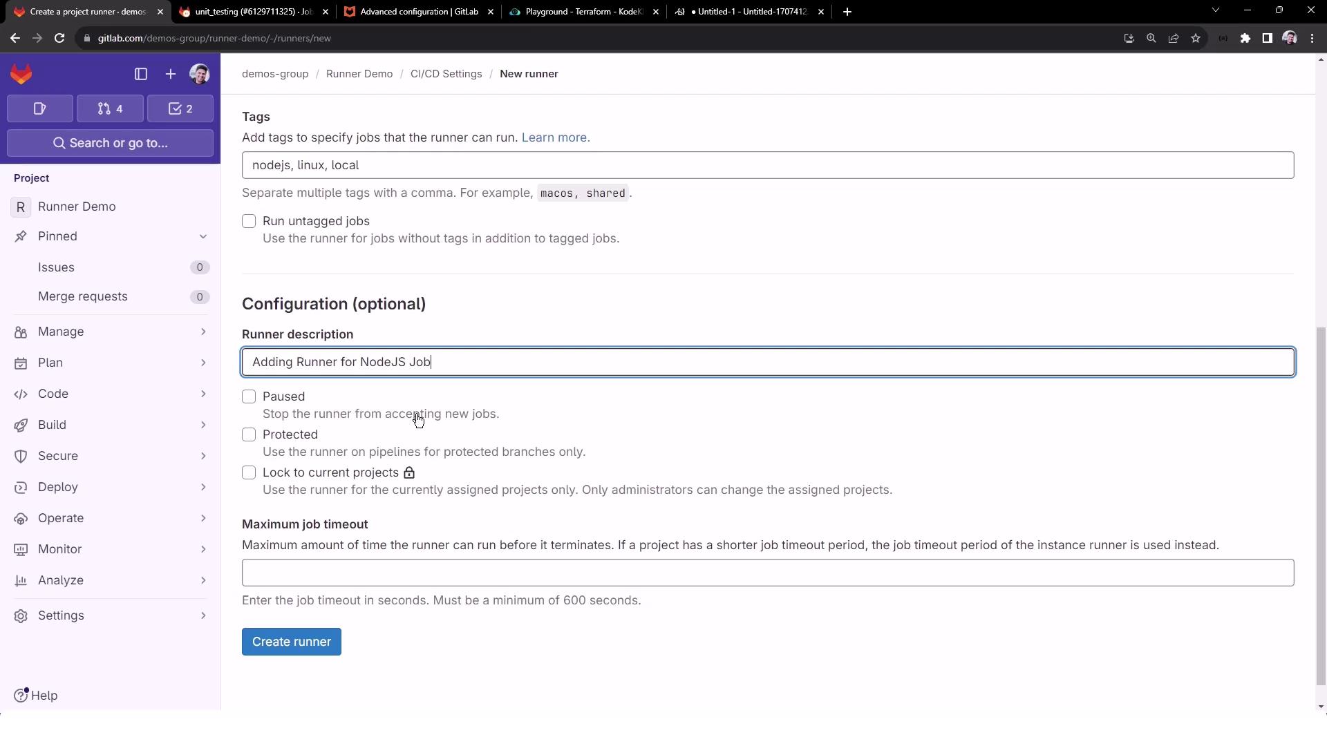 The image shows a GitLab interface for configuring a new runner, with options for tags, runner description, and various settings like pausing and protection.