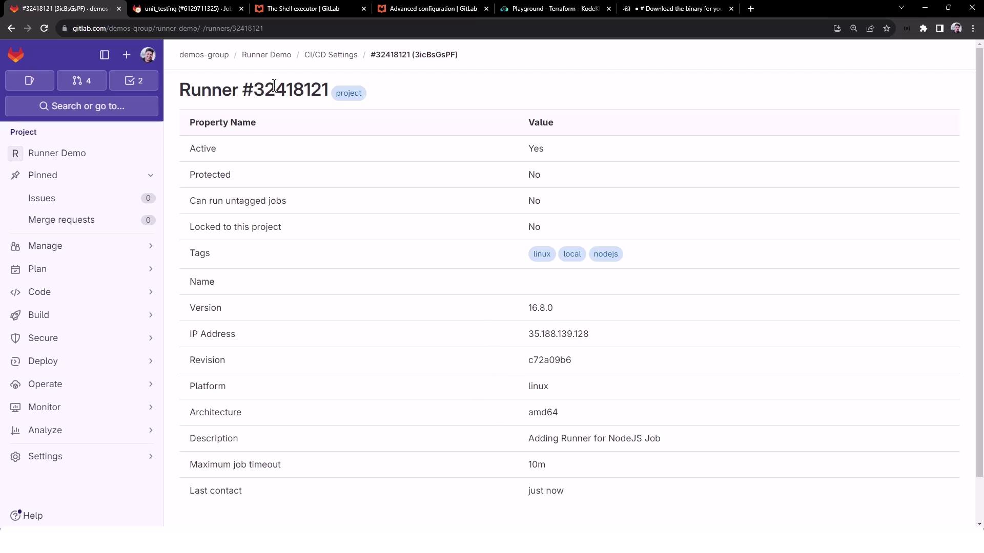 The image shows a GitLab runner configuration page with details such as runner ID, status, tags, version, IP address, platform, and description.