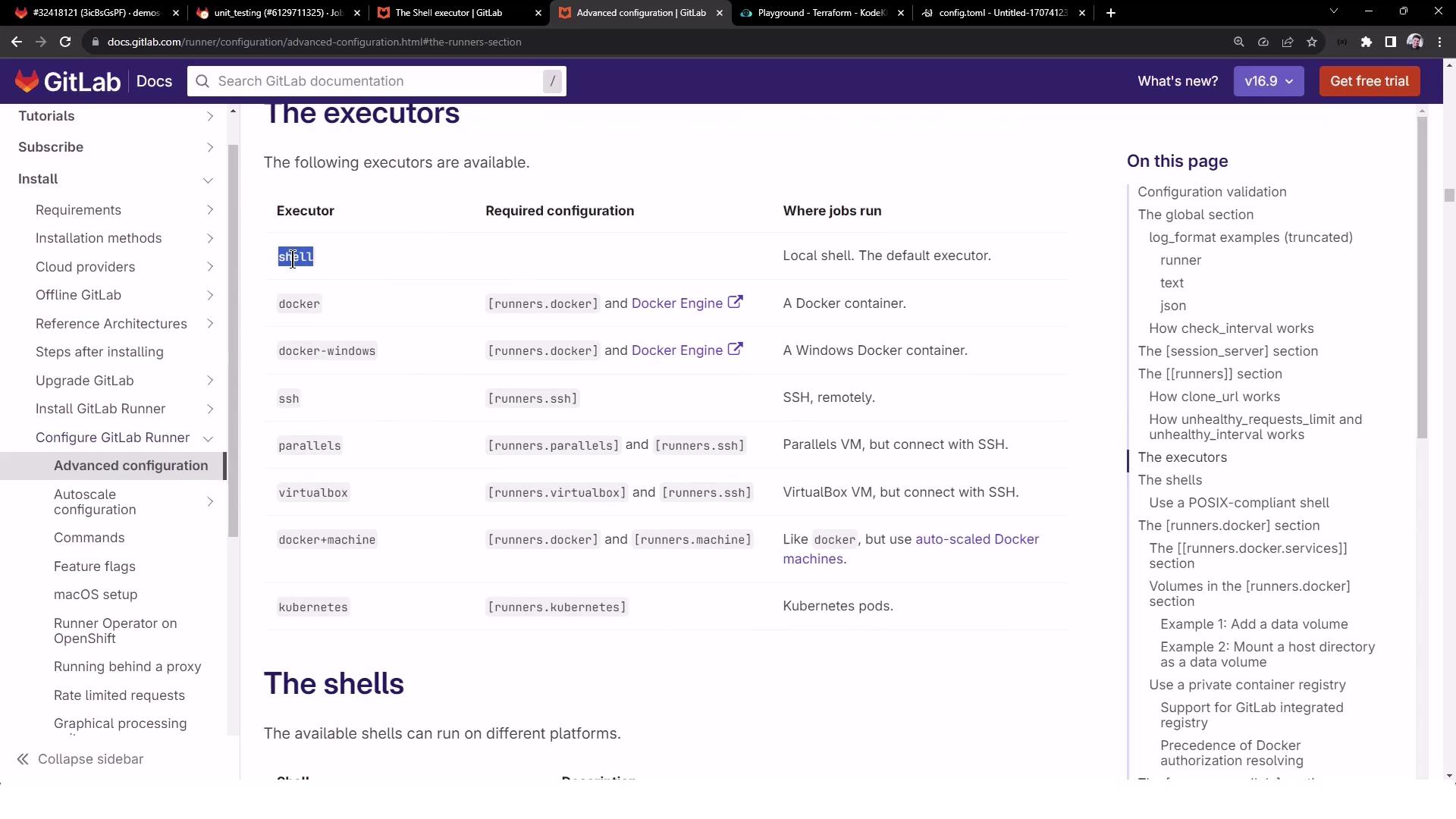 The image shows a GitLab documentation page detailing different executors available for GitLab Runner, including their required configurations and where jobs run. The sidebar on the left lists various configuration topics.
