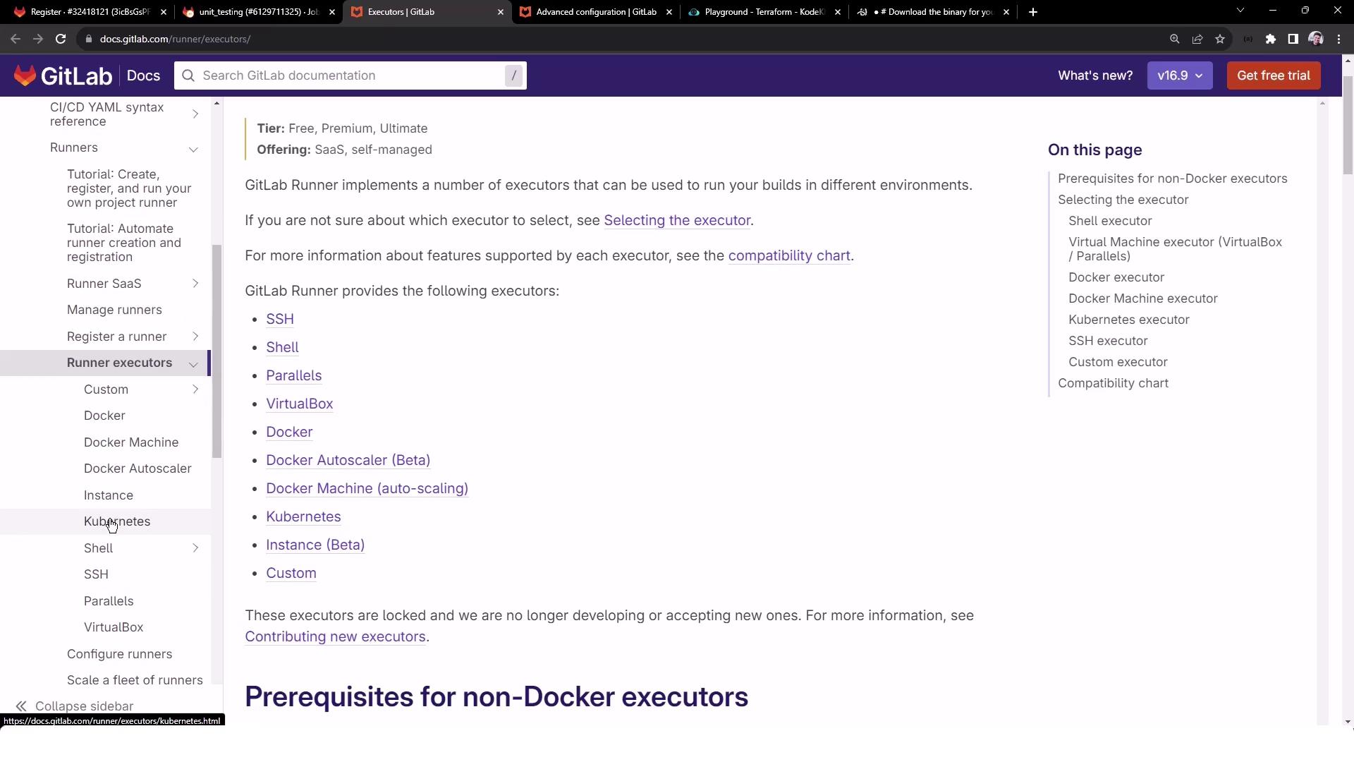 The image shows a GitLab documentation page about runner executors, listing various types such as SSH, Shell, Parallels, and Docker. The sidebar includes navigation links for related topics.