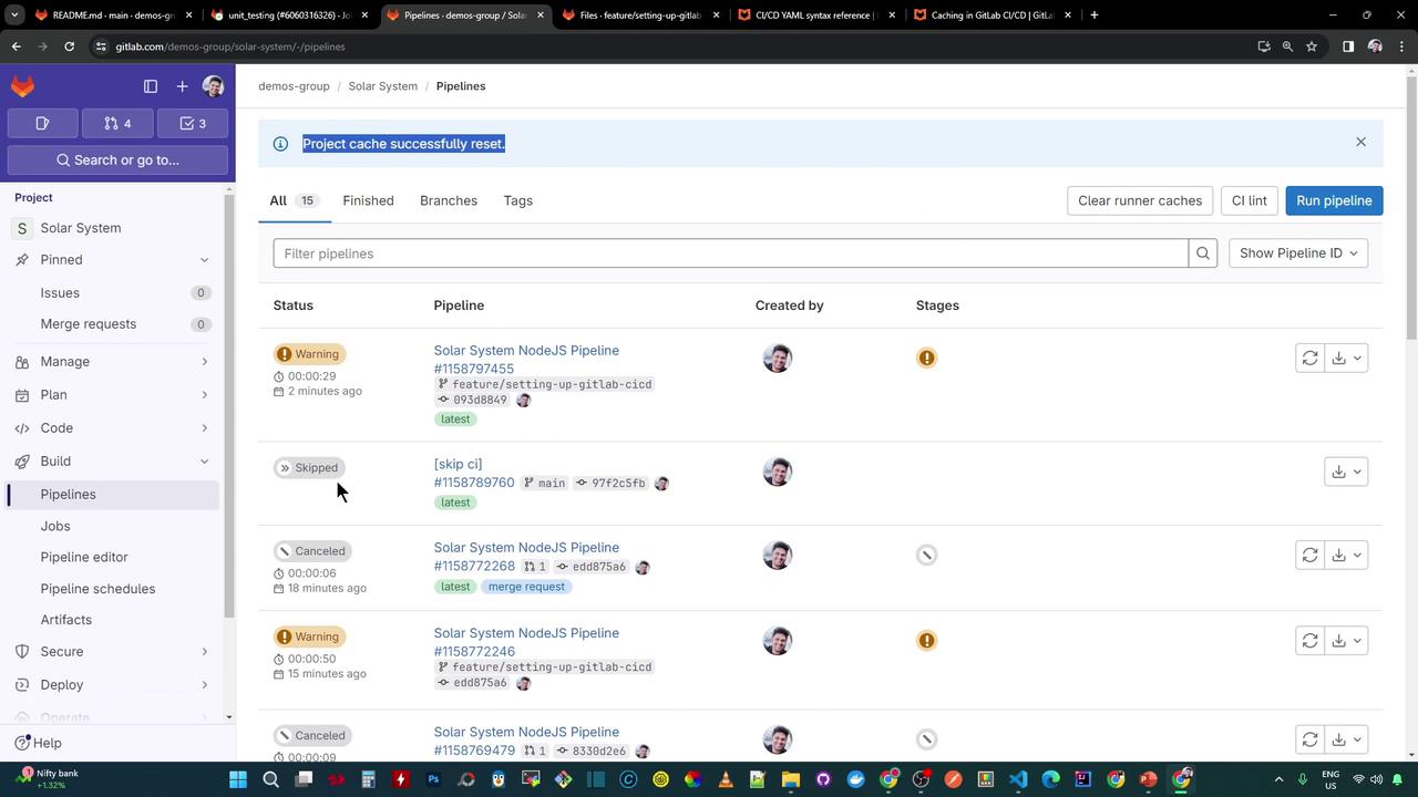 The image shows a GitLab CI/CD pipeline interface with a list of pipeline statuses, including warnings, skipped, and canceled states. The sidebar displays project navigation options like issues, merge requests, and pipelines.