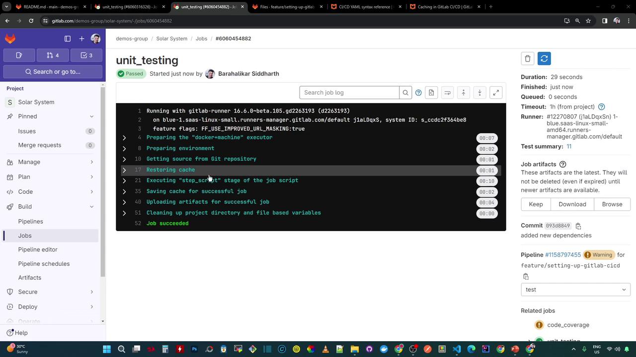 The image shows a GitLab CI/CD pipeline job interface, indicating a successful unit testing job with logs detailing each step of the process.