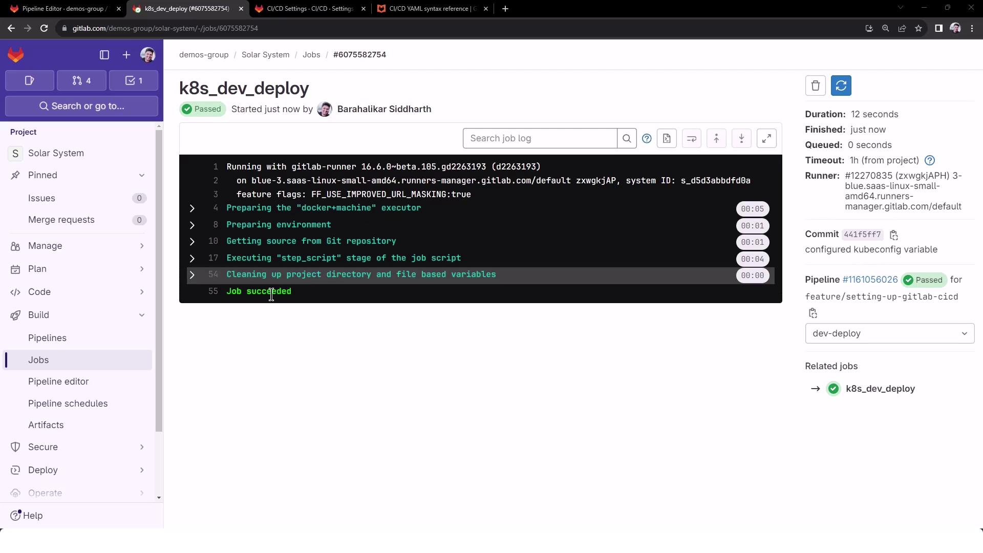 The image shows a GitLab CI/CD job interface where a job named "k8s_dev_deploy" has successfully passed. The job log details the steps executed, and the interface includes project navigation options on the left.