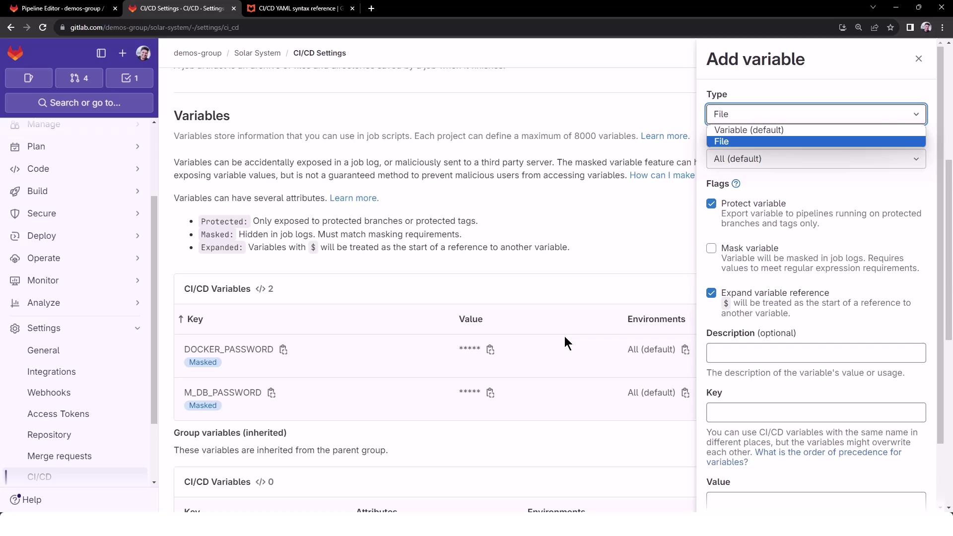 The image shows a GitLab CI/CD settings page where variables are being managed, with options to add a new variable and configure its type and flags.