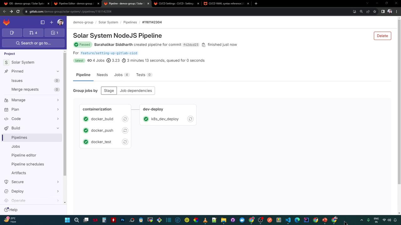 The image shows a GitLab CI/CD pipeline interface for a NodeJS project named "Solar System," displaying completed jobs for containerization and deployment stages.
