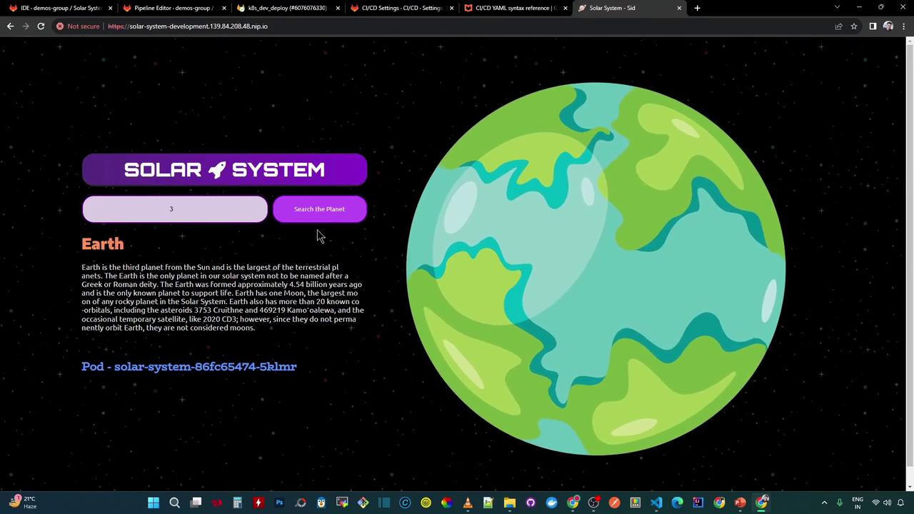 The image shows a webpage about the solar system, featuring an illustration of Earth and a description of the planet. There is a search interface for exploring planets.