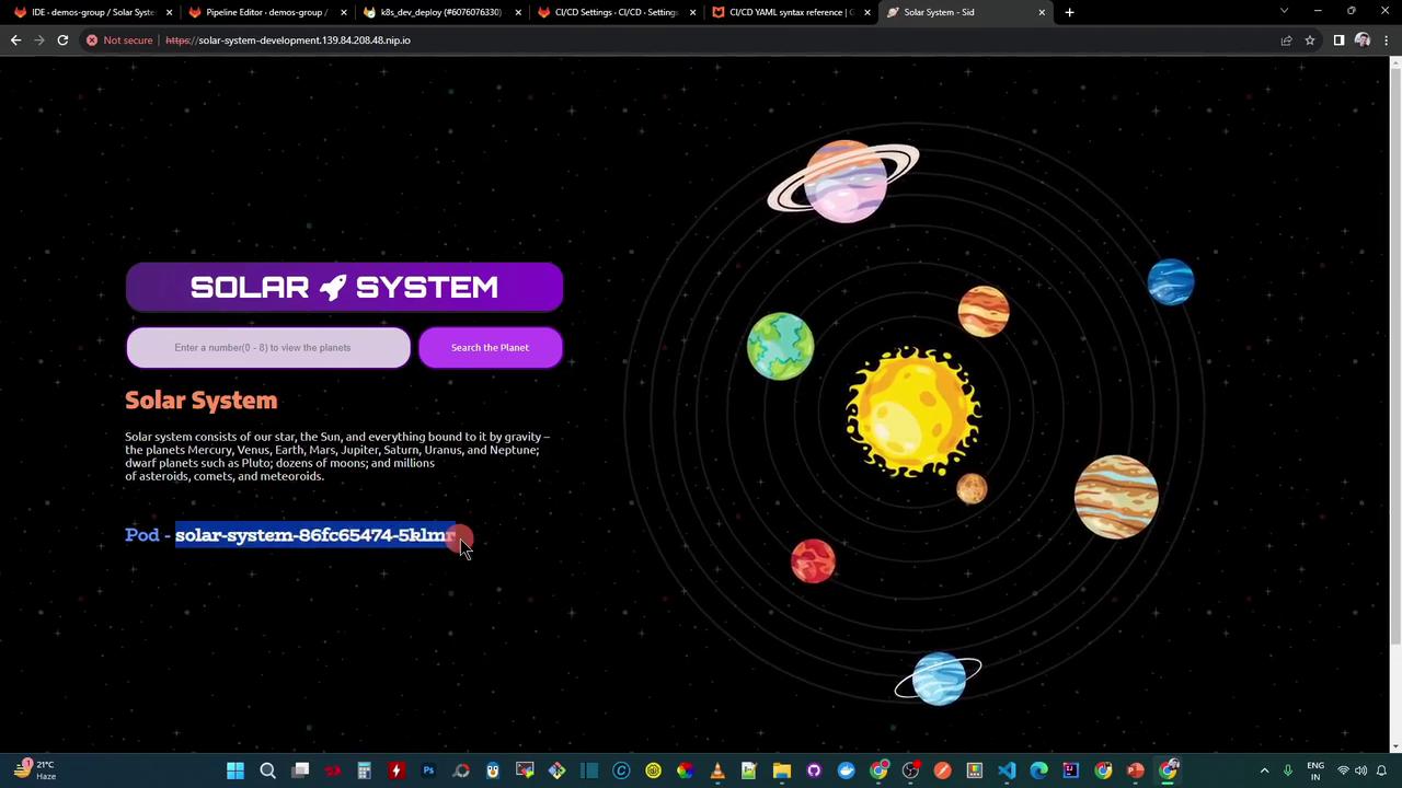 The image shows a digital representation of the solar system with planets orbiting the sun, accompanied by a user interface for exploring the planets.