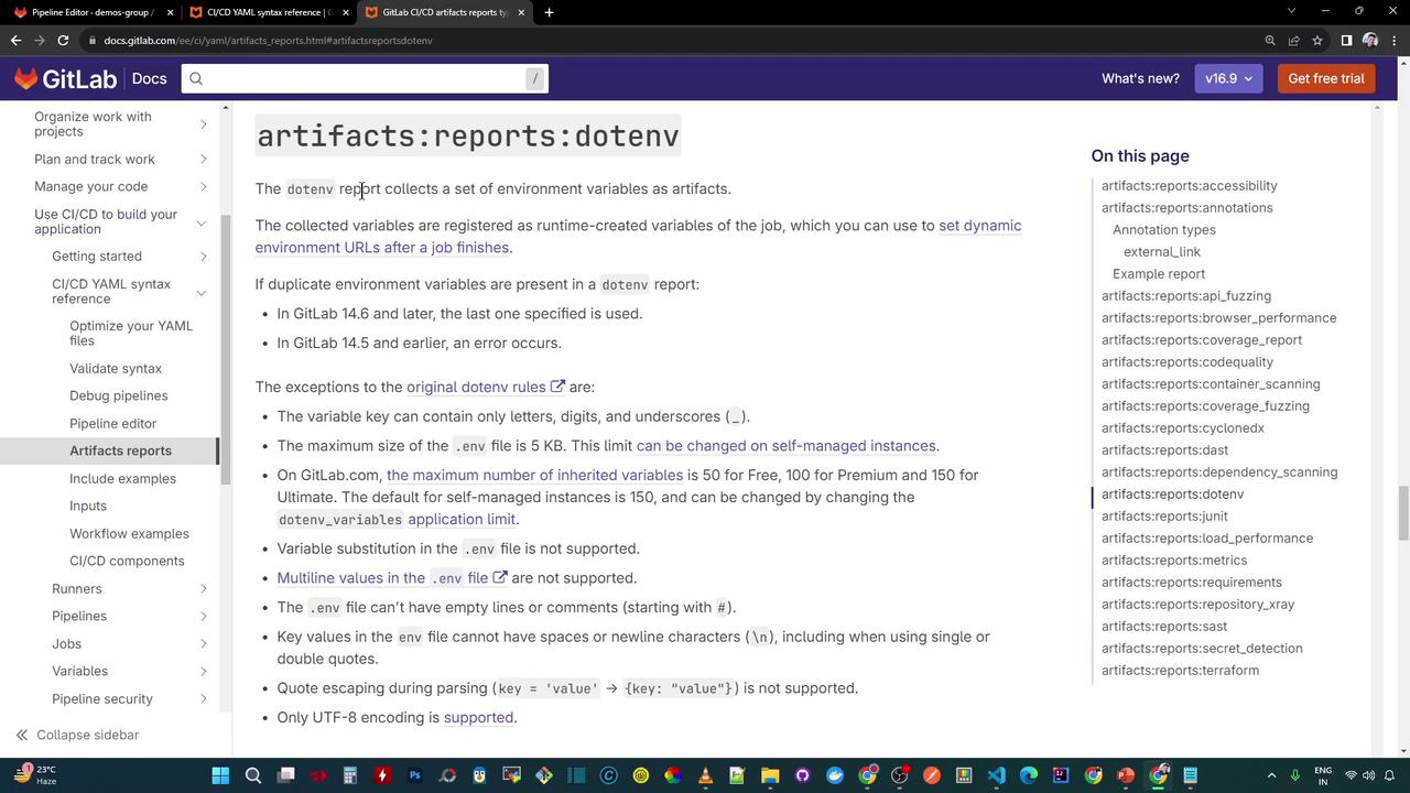 The image shows a GitLab documentation page about `artifacts:reports:dotenv`, detailing how environment variables are collected and used in CI/CD pipelines. The page includes rules and exceptions for handling `.env` files.