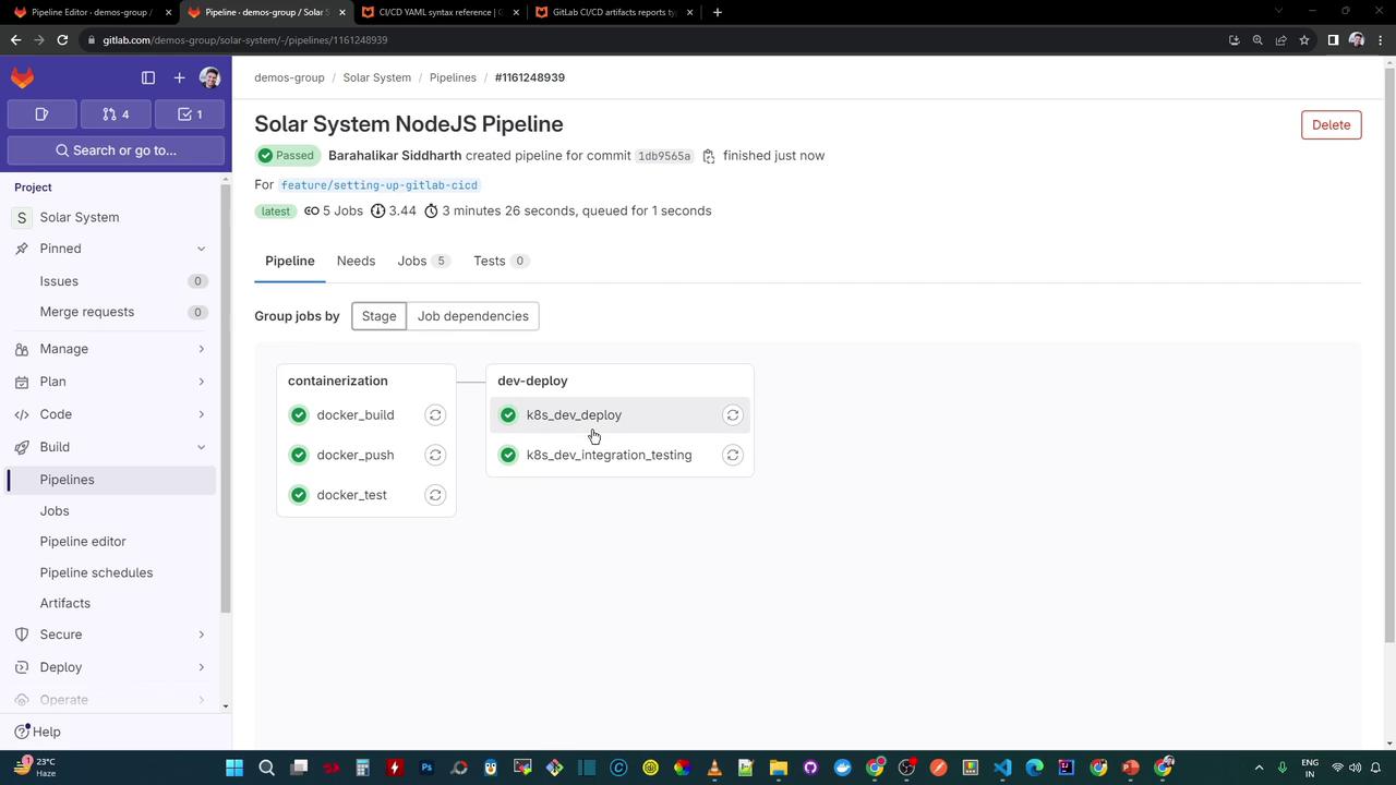 The image shows a GitLab CI/CD pipeline interface for a NodeJS project called "Solar System," displaying successful stages for containerization and deployment.